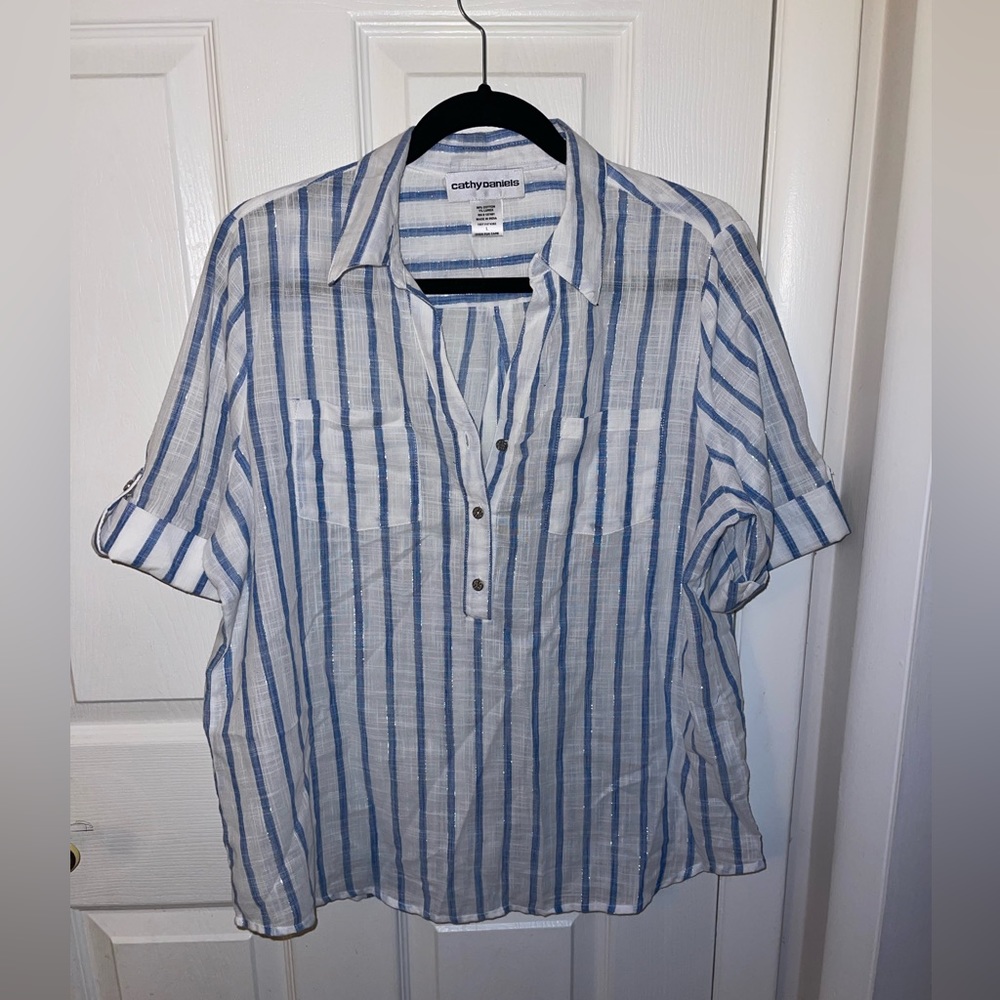 Cathy Daniels Sparkly Blue and White Button-Up